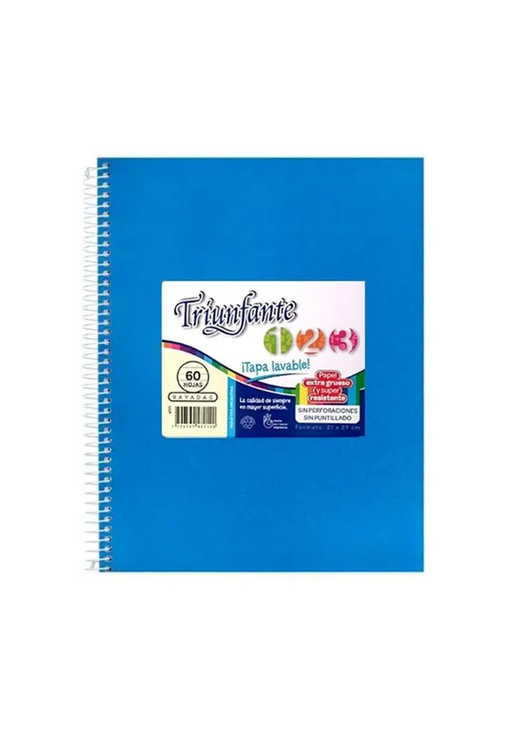 CUADERNO TRIUNFANTE 1.2.3 TAPA DURA 210 x 270 mm x 60 hj rayadas celeste
