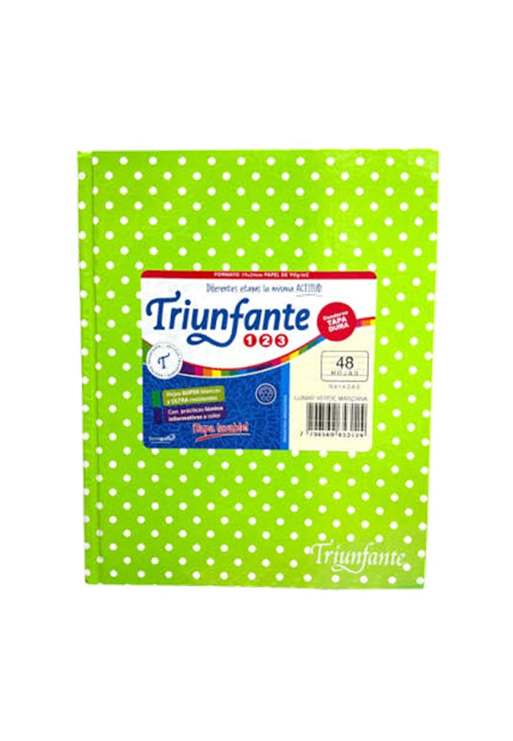 CUADERNO TRIUNFANTE Nº3 VERDE MANZANA LUNARES X 48 HJ RAYADO