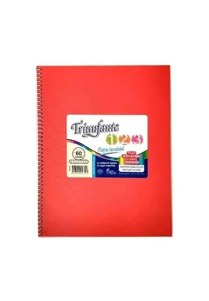 CUADERNO TRIUNFANTE 1.2.3 TAPA DURA 210 x 270 mm x 60 hj rayadas rojo